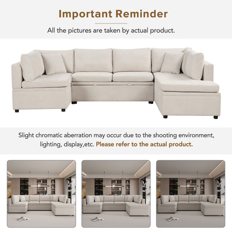 Oversized U-Shaped Sectional Sofa Couch with Pull-out Bed, Beige Chenille, 117.3' - sold by Home Elegance USA