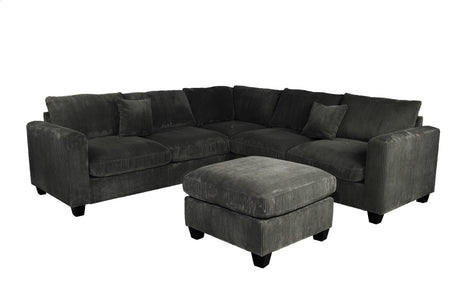 Modern Style L-Shaped 4pc Sectional Set Cocktail Ottoman Square Arms Throw Pillow Corduroy Upholstered Black Finish Primary Living Room - sold by Home Elegance USA