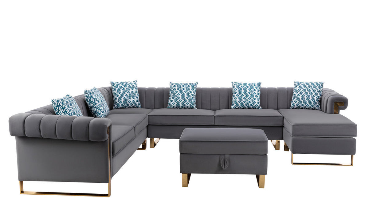 Maddie Gray Velvet 8-Seater Sectional Sofa with Reversible Chaise and Storage Ottoman - Home Elegance USA