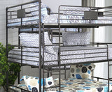 Industrial Style Bunk Bed Full Over Full Over Full Attached Dual Ladder Metal Structure Pipe Framework Upper Guard Rails Antique Black Finish - sold by Home Elegance USA