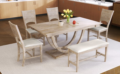 TOPMAX Modern Style Natural Wood 6-Piece Dining Table Set with Bench and Chairs, Upholstered Seats, Rubberwood Frame - sold by Home Elegance USA