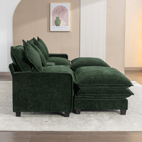 Chenille Upholstered 111' Sectional Sofa with Two Removable Ottomans, USB Ports, Cup Holders, and Storage, Green - sold by Home Elegance USA