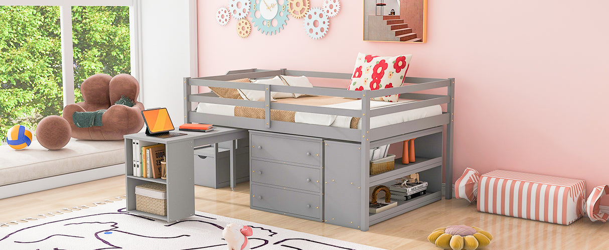 Full Size Loft Bed with Retractable Writing Desk and 3 Drawers, Wooden Loft Bed with Storage Stairs and Shelves, Gray - Home Elegance USA