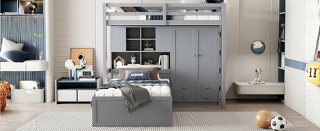 Twin Bunk Bed with Drawers, Wardrobe, Storage Shelves and Hydraulic Bed,Gray - sold by Home Elegance USA