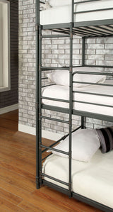 Twin Over Twin Over Twin Bunk Bed Industrial Style Metal Structure Attached Dual Ladder Upper Guard Rails Pipe Framework Antique Black Finish - sold by Home Elegance USA