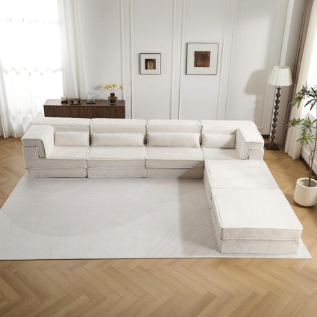 Compression Mahjong Sofa,Convertible Floor Sofa Bed,DIY Boneless Modular Sectional Sofa,No Assembly Required,Circle fleece fabric,Oversized 4 Seater with 2 Ottoman,White - sold by Home Elegance USA