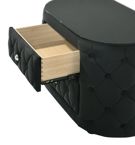 Luxurious Queen Size Bed Nightstand Set Deeply Tufted Headboard Nail Head Trim Upholstery Black Velvet Footboard Integrated Television Lift Mechanism Built-in Electric Fireplace Storage 3pc Set - sold by Home Elegance USA