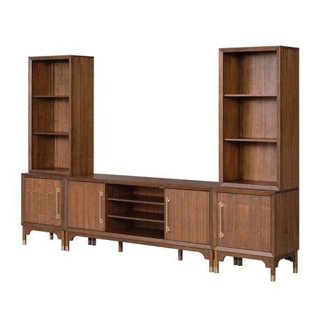 Mid-Century Modern TV Stand Entertainment Center Left Right Pier With Base Adjustable Shelves Gold Caped Legs LED On Pier Walnut Finish - sold by Home Elegance USA