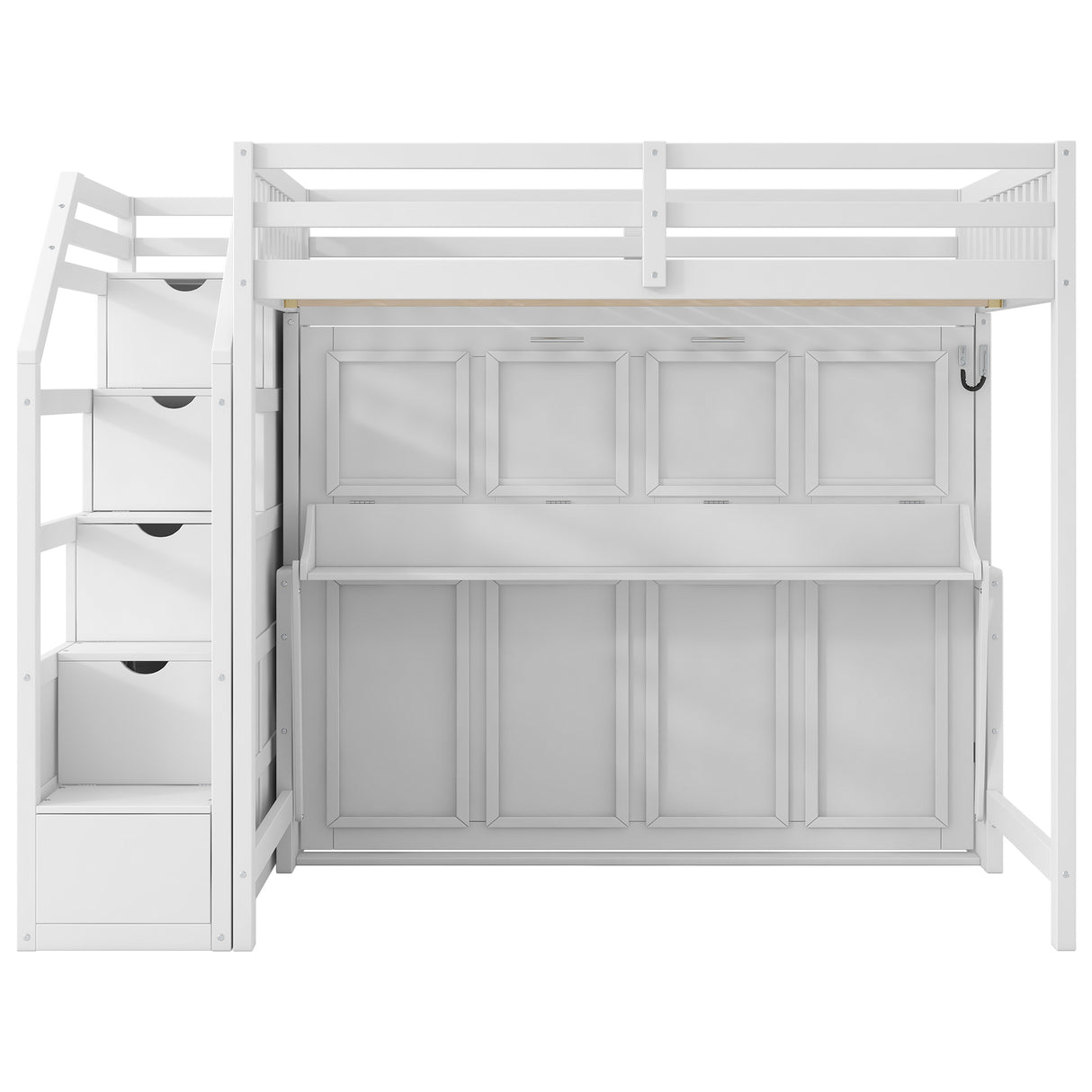 White Full XL Loft Bed with Storage Staircase, Murphy Bed, LED Light, Solid Pine and MDF, 101.2''L x 59.1''W x 73''H - sold by Home Elegance USA