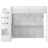 White Full XL Loft Bed with Storage Staircase, Murphy Bed, LED Light, Solid Pine and MDF, 101.2''L x 59.1''W x 73''H - sold by Home Elegance USA