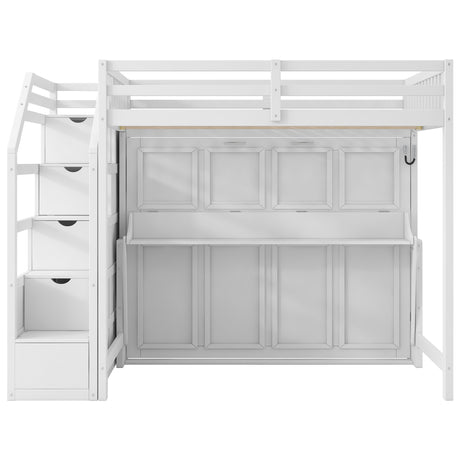 White Full XL Loft Bed with Storage Staircase, Murphy Bed, LED Light, Solid Pine and MDF, 101.2''L x 59.1''W x 73''H - sold by Home Elegance USA