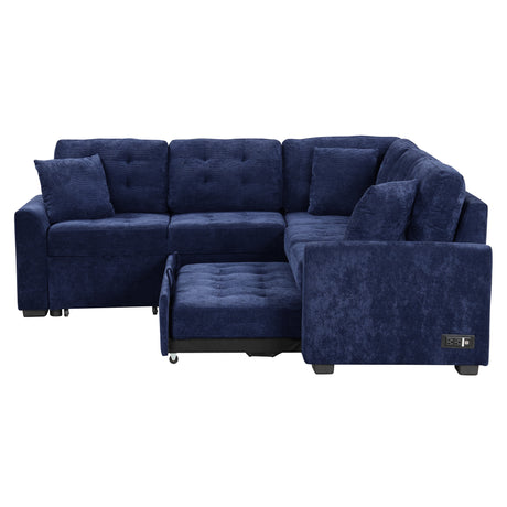 Navy Blue L-shape Sofa Bed with Pull-out Sleeper, USB Ports, Power Sockets, Corded Velveteen, 82.6' - sold by Home Elegance USA
