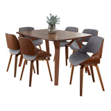 Folia Fabrizzi Mid-Century Modern Dining Set in Walnut Wood and Grey Fabric by LumiSource - 7 Piece