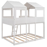 Full Over Full WoodBunk Bed with Roof, Window, Guardrail, Ladder(White)( old sku: LT000031AAK ) - Home Elegance USA