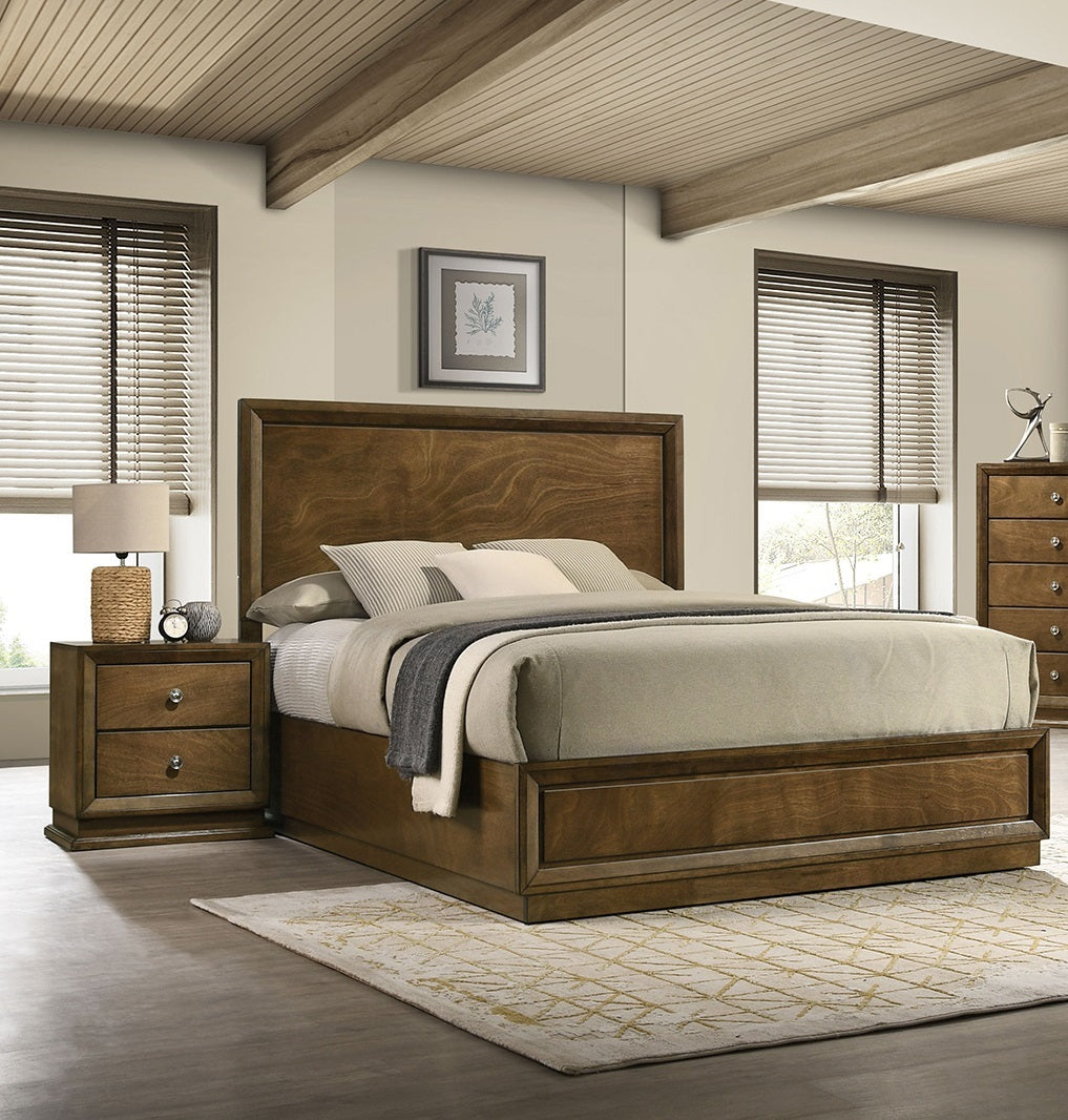 Walnut Color Transitional Style Queen Size Bed 2x Nightstands 3pc Set Bedroom Furniture Metal Knobs