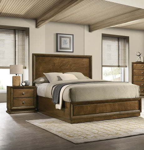 Walnut Color Transitional Style Queen Size Bed 2x Nightstands 3pc Set Bedroom Furniture Metal Knobs