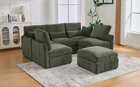 Modern Sectional Sofa Modular Sofa 85.4' U-shaped Sofa Couch Sofa Bed with Movable Ottoman, USB Ports, Phone Holder, Green Chenille - sold by Home Elegance USA