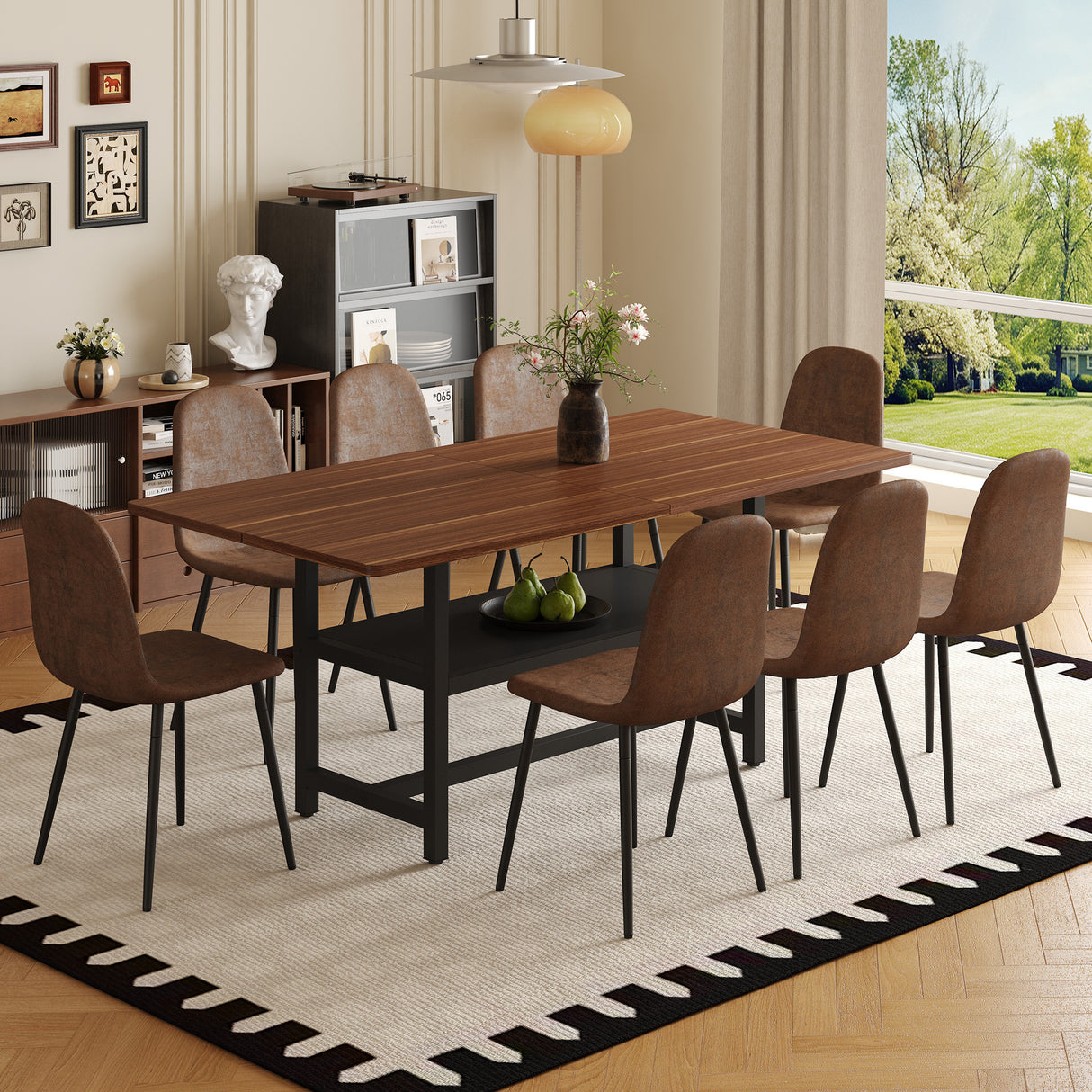 Table and chair set.71*35.4 inch fashionable walnut grain dining table, a practical choice to add color to the home.Paired With 8 Comfortable Technology-Fabric Brown Chairs With Black Metal Legs.