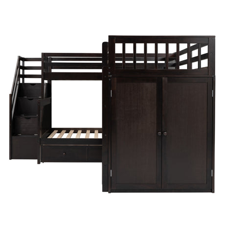 Twin-Twin over Full L-Shaped Bunk Bed With 3 Drawers, Portable Desk and Wardrobe, Espresso(OLD SKU:LT100542AAP) - sold by Home Elegance USA