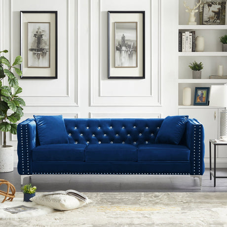 82.3" Width Modern Velvet Sofa Jeweled Buttons Tufted Square Arm Couch Blue,2 Pillows Included | Home Elegance USA