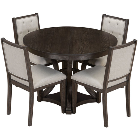 TREXM 5-Piece Retro Functional Dining Table Set Extendable Round Table and 4 Upholstered Chairs for Dining Room and Living Room (Espresso) - sold by Home Elegance USA