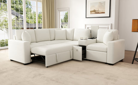 120.5' L-shaped Convertible Sofa Bed Modular Sectional Sofa Reversible Sleeper with Pull-Out Bed, Cup Holders, and Ample Storage Space for Living Room(Old SKU:N719S001940K), White - sold by Home Elegance USA