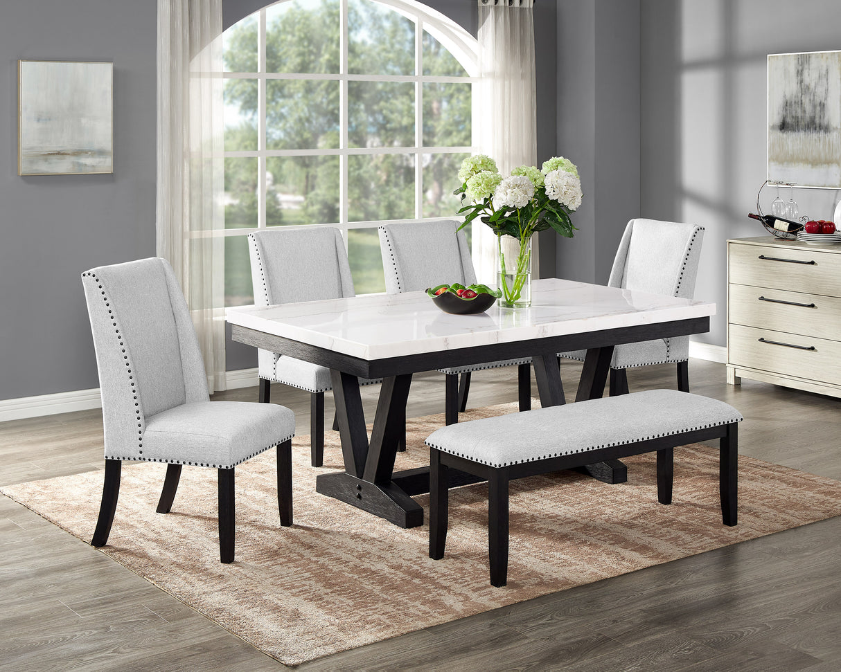 6pc Dining Set Contemporary Style White Genuine Marble Rectangular Table Top Dove Gray Upholstery Chairs Nailhead Tufted Bench Black Finish Wooden Solid Wood Dining Room Furniture
