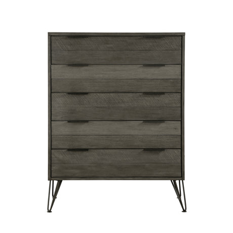 Contemporary Three-Tone Gray Finish Chest of Drawers Perched atop Metal Legs Acacia Veneer Modern Bedroom Furniture