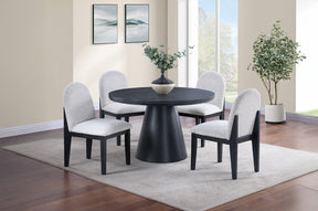 Dining Table 4x Side Chairs White Finish Fabric Black Round Table w Cone Base 5pc Dining Set Plush Seat - sold by Home Elegance USA