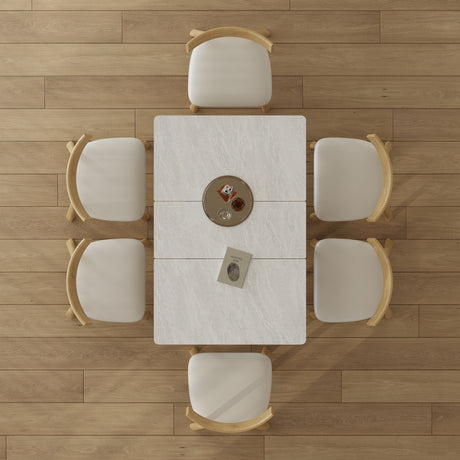 Retractable Rock Slab Dining Table Set, Modern 7-Piece Expandable Table with 6 Wooden Leg Chairs & Leather-Wrapped Base, Space Saving Kitchen Set for Small Apartments
