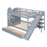 Full-Over-Full Castle Style Bunk Bed with 2 Drawers 3 Shelves and Slide - Gray - Home Elegance USA