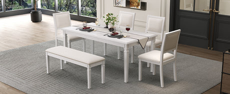 TREXM Vintage Extendable Dining Table Set for 6 with 4 Chairs & Bench, 59 to 72-Inch Rustic Farmhouse Kitchen Table Set with Distressed Finish and Retro Carved Legs (Washed White) - sold by Home Elegance USA