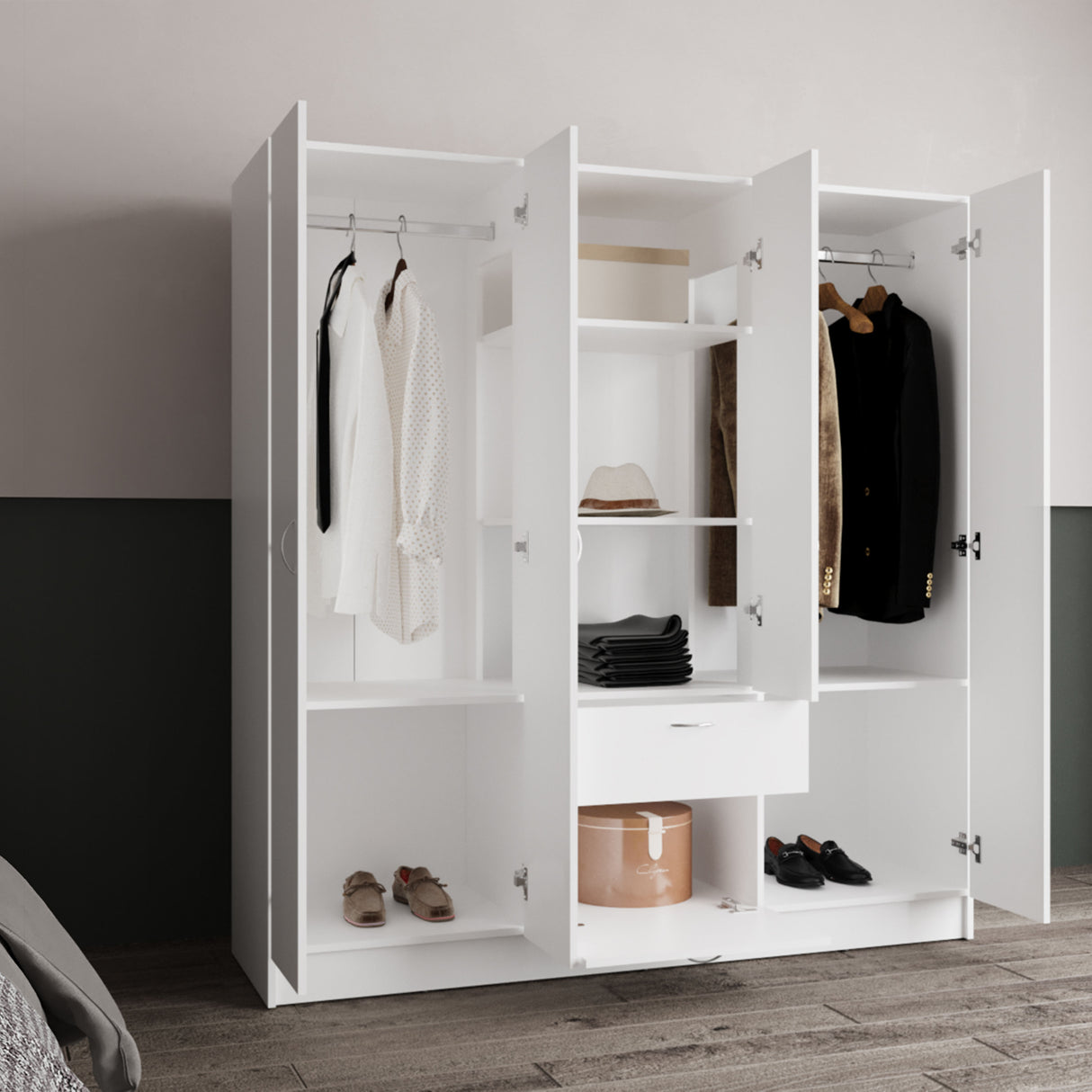 Kibo 6 Doors Armoire, One Drawer, Rod, Seven Interior Shelves, White -Bedroom - sold by Home Elegance USA