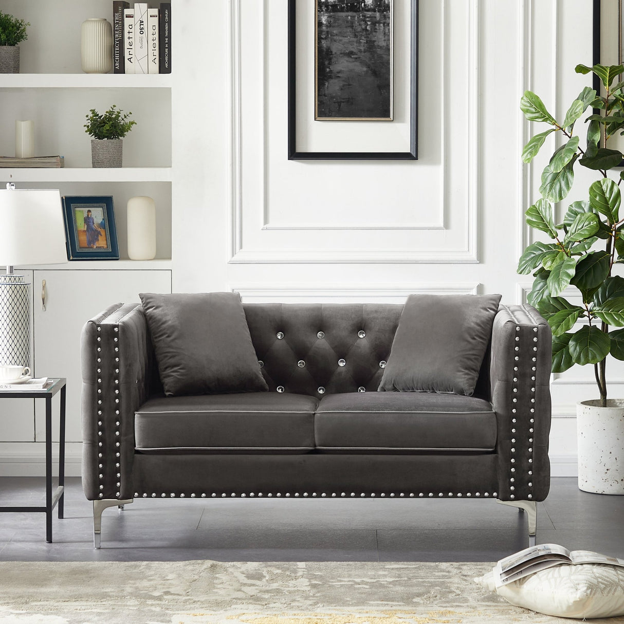 59.4 Inch Wide Grey Velvet Sofa with Jeweled buttons,Square Arm ,2 Pillow | Home Elegance USA