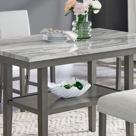 Selena 7-Piece 60' Gray Faux Marble Counter Height Dining Set with Storage Shelf & Light Gray Upholstered Chairs - sold by Home Elegance USA
