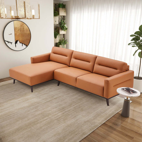 Ella Mid Century Modern L-Shaped Cognac PU Leather Left Sectional Couch with Solid Wood Frame - sold by Home Elegance USA
