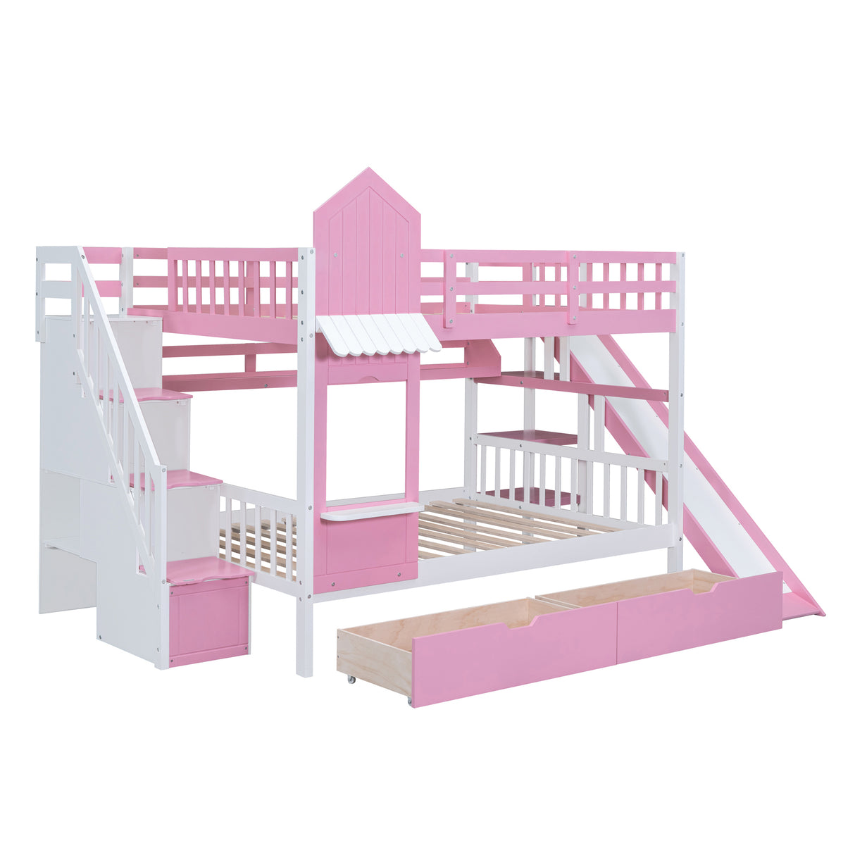 Full-Over-Full Castle Style Bunk Bed with 2 Drawers 3 Shelves and Slide - Pink - Home Elegance USA