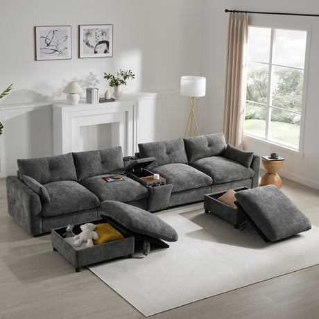 136'' Modular Sectional Sofa with Console, Cup Holder, USB Charger, Movable Storage Ottoman, Pull-line&Tufted Design, U-Shaped Oversized Chenille Sofa for Living Room&Apartment,2 Colors - sold by Home Elegance USA