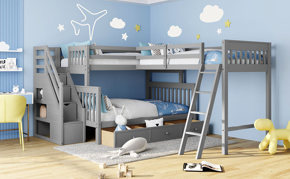 Twin over Full L-Shaped Bunk Bed With 3 Drawers, Ladder and Staircase - Gray - sold by Home Elegance USA
