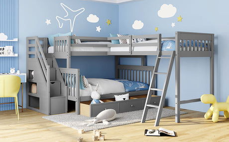 Twin over Full L-Shaped Bunk Bed With 3 Drawers, Ladder and Staircase - Gray - sold by Home Elegance USA