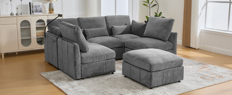 Modern Sectional Sofa Modular Sofa with Movable Ottoman, USB Ports & Phone Holder, Grey Chenille, 85.4' - sold by Home Elegance USA