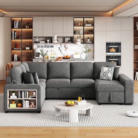 Modern Grey U-Shaped Sectional Sofa Bed with USB Ports, Storage Chaise & Pillows, Chenille Fabric, 109' - sold by Home Elegance USA