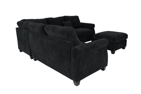 4pc Sectional Set Matching Pillow Cocktail Ottoman Corner Wedge Right And Left Arm Loveseat Corduroy Upholstered Black Finish Primary Living Room - sold by Home Elegance USA
