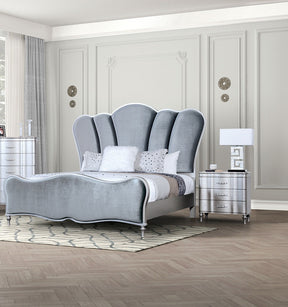 Lovely Attracting Bedroom 3pc Set Queen Size Bed 2x Nightstands Light Gray Fabric Padded HB Wood Leg Silver Color - sold by Home Elegance USA