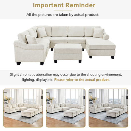 Contemporary U-shaped Sectional Sofa with Movable Storage Ottoman, White Chenille 111.8' - sold by Home Elegance USA