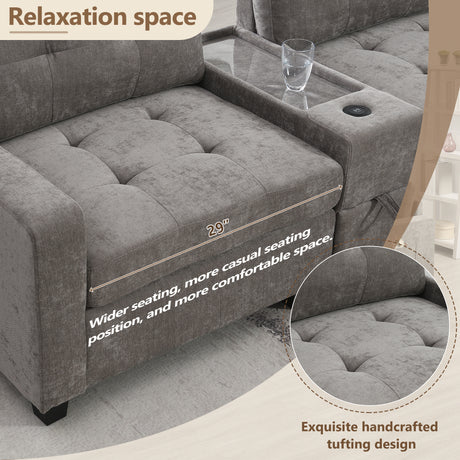 Modern Chenille U-Shaped Sectional Sofa with Acrylic Table Top, USB Charger, Storage Drawers, and Movable Ottoman in Gray - sold by Home Elegance USA