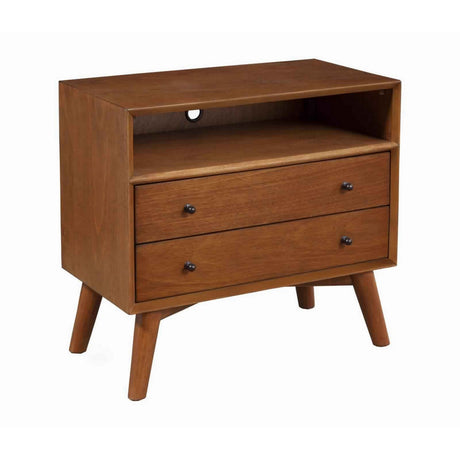 2 Drawer Wooden Nightstand with Open Compartment and Splayed Legs, Brown