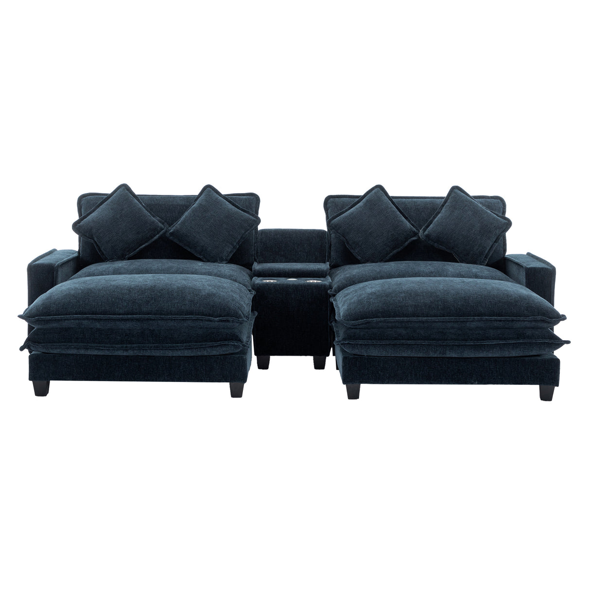 Contemporary Chenille Upholstered Sectional Sofa with Ottomans, USB Ports, Cup Holders & Storage, Blue
