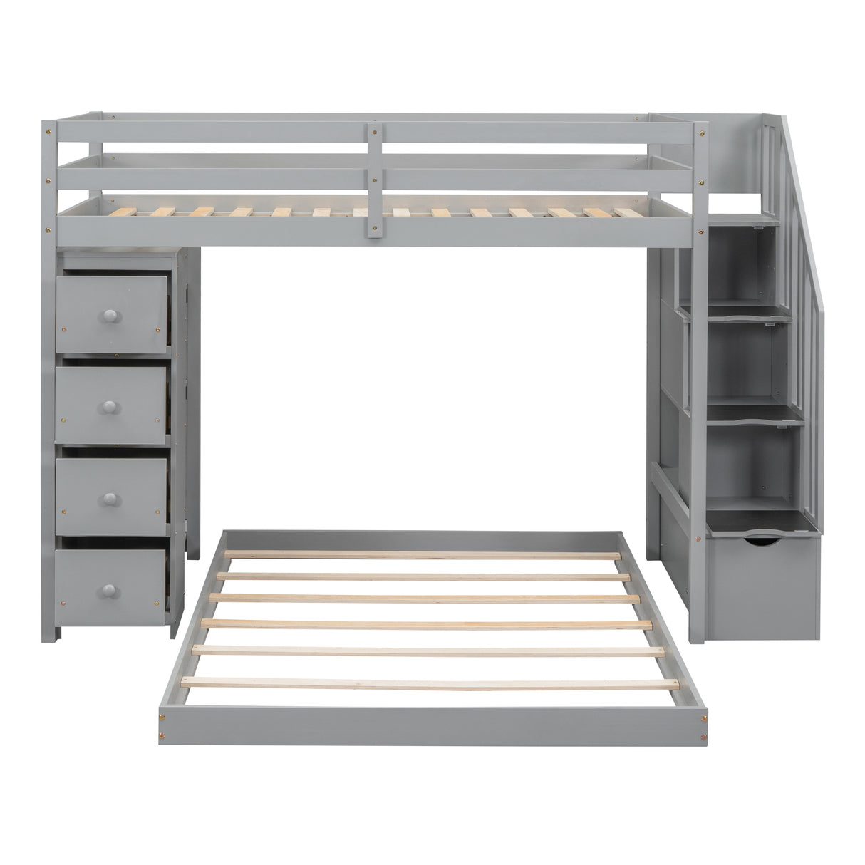 Twin Over Full Bunk Bed with 3-layer Shelves, Drawers and Storage Stairs, Gray - Home Elegance USA
