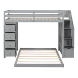 Twin Over Full Bunk Bed with 3-layer Shelves, Drawers and Storage Stairs, Gray - Home Elegance USA